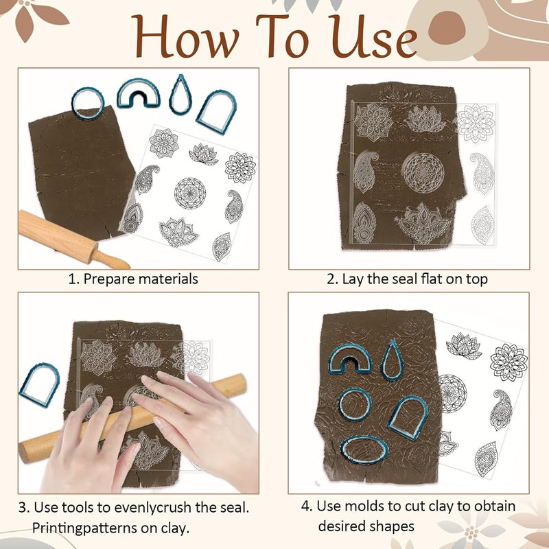 CHGCRAFT Mandala Polymer Clay Texture Sheets Single Mandala Floral Paisley Pattern Silicone Texture Stamp Clay Texture Mat Modeling Pattern Pad Sheets for Jewelry and Earrings Tools, 5.5x5.5 inch - Image 4